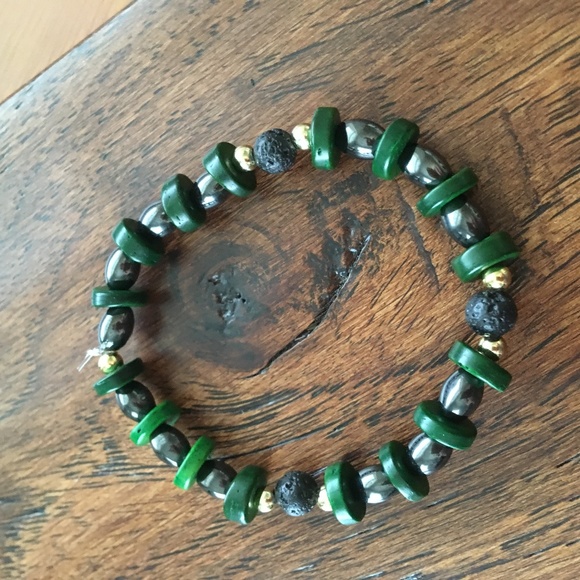Essential Oil Bracelet Lava Beads Green, gold and hematite Handmade - Picture 1 of 1